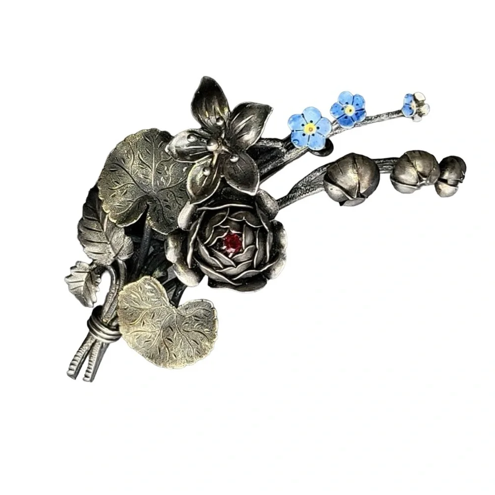 Silver and gold Antique Victorian Floral Brooch with Blue enamel Flowers - Picture 3 of 11